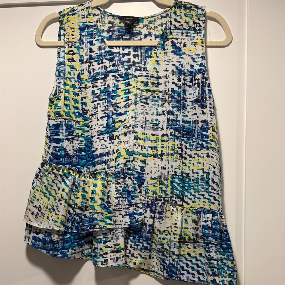 Halogen Blue and Yellow Patterned Sleeveless Blouse